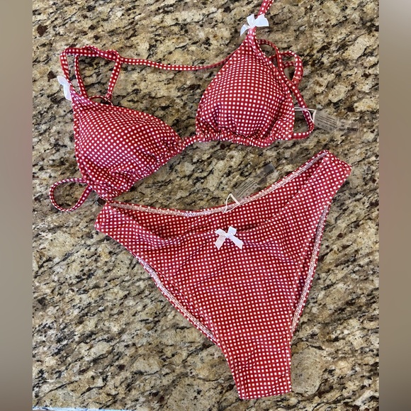 Seamolly Other - Red Gingham Triangle Bikini Set with White Bow Detail